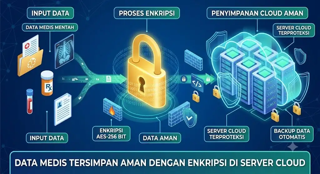 Ilustrasi data tersimpan aman dengan enkripsi di server cloud